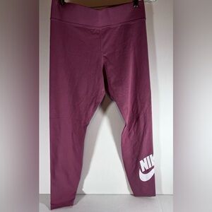 Nike Womens pink leggings tight fit midrise full length white logo workout